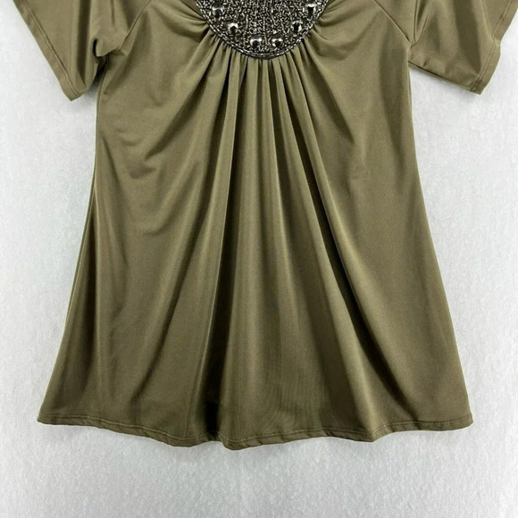 Bebe Blouse Womens S Green Round Neck Embellished Beads Keyhole Cold Shoulder - Picture 7 of 12